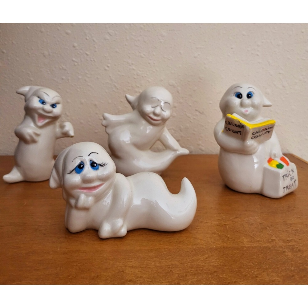 Set of 4 Vintage 1981 Signed Handpainted‎ Ghosts Halloween Ceramic Ghost Lot